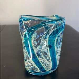 Mdina Glass Malta Teal Blue Stripe Art Glass Vase Signed Swirls Stripes Sticker